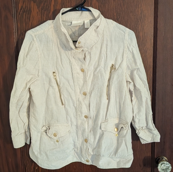 Chico's Linen 3/4 Sleeve Light Brown Button Front Jacket Size Medium - Picture 1 of 7